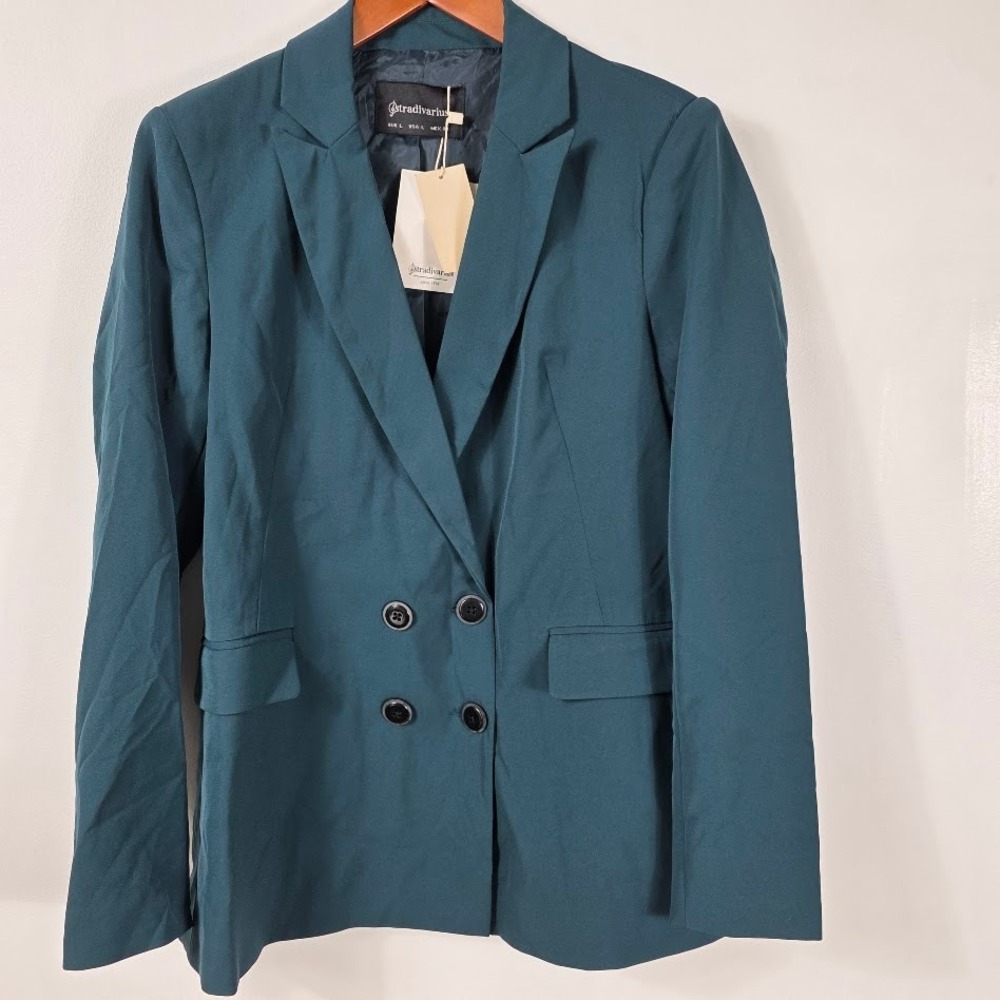 Stradivarius Womens Double Breasted Blazer Teal Green Notched Lapel Jacket NWT L